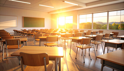 Sunny Classroom with Empty Desks, and Sunset View.
