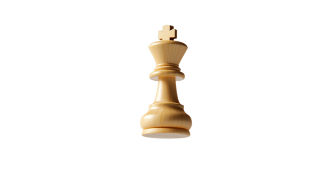 A single wooden chess king piece with a transparent background, presented in a full-view isolated shot.
