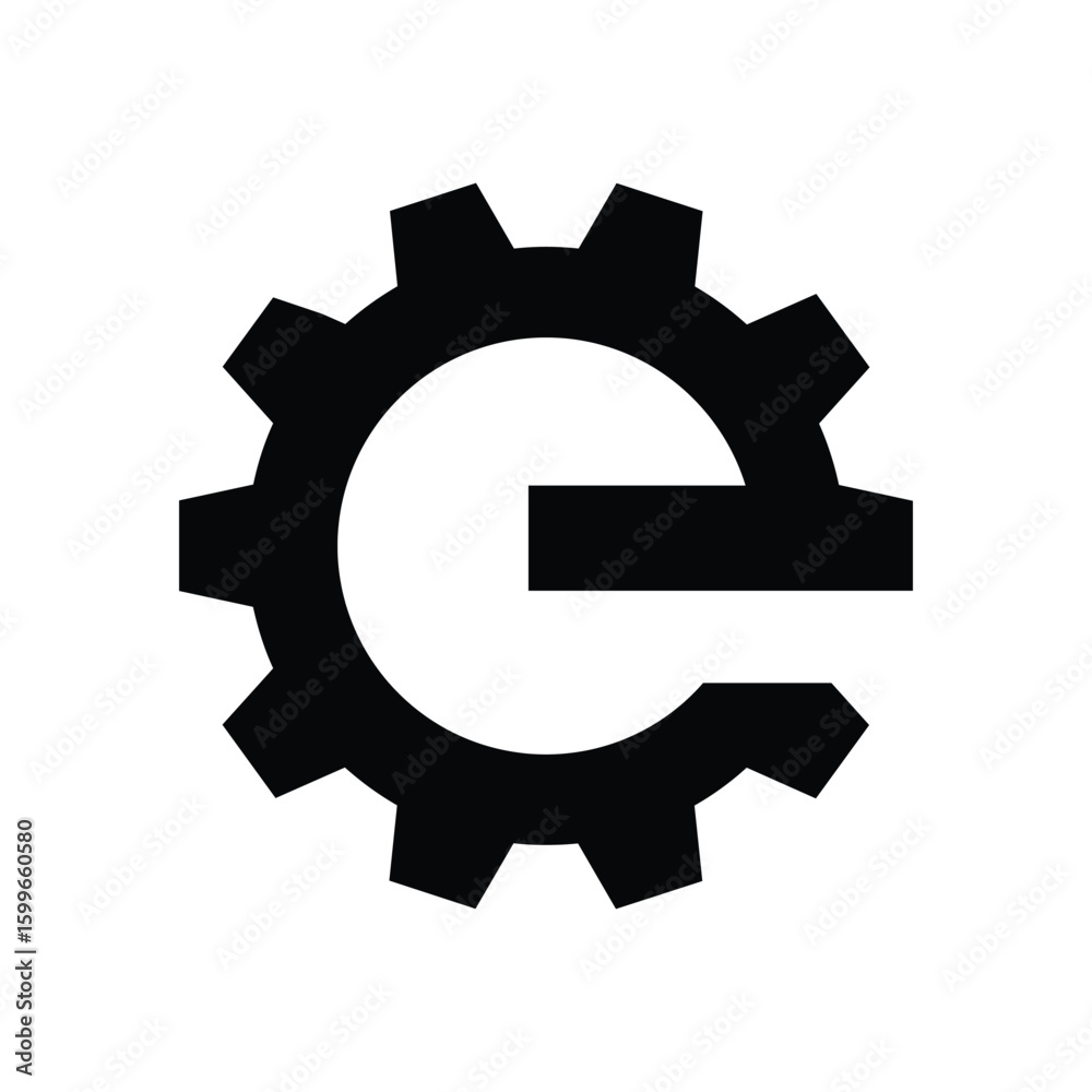 Poster The image shows a logo design of a lowercase letter e in round gear shape in black color in simple flat style that looks clean and modern on a white background