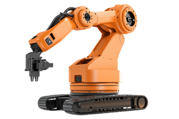 Orange industrial robot arm with tracks, isolated on a transparent background.