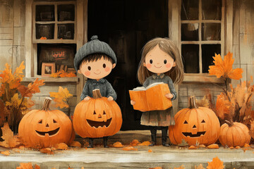 children sitting on steps with pumpkins.