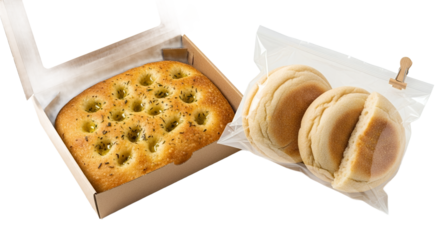 Rosemary focaccia bread and bakery buns in packaging