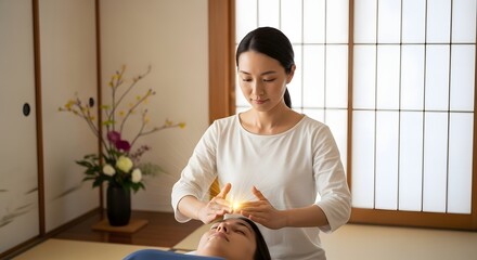 A female practitioner performs a reiki energy healing treatment on a client in a serene Japanese room, channeling healing energy through her hand