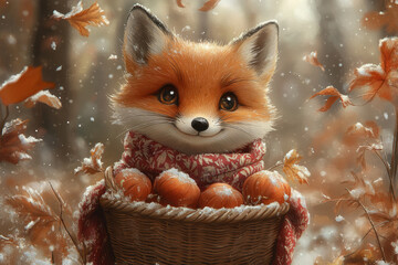 Fox in basket with autumn leaves.