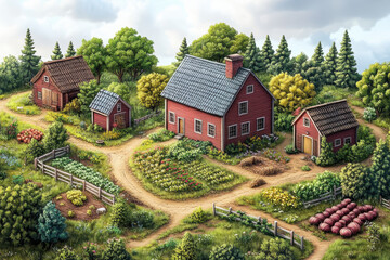 Red barn in a farm painting.