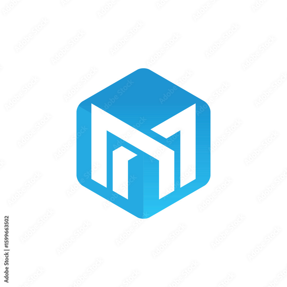 Poster The image shows a logo design of an abstract M in white color inside a blue hexagonal cube in simple style that looks clean and modern on a white background