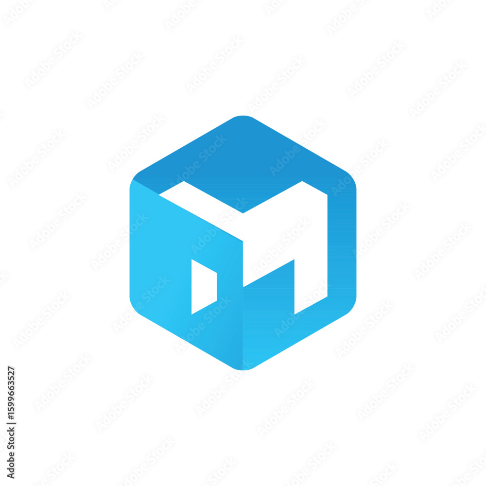 Fototapete the image shows a logo design of an initial m in white color inside a blue hexagonal cube in simple 