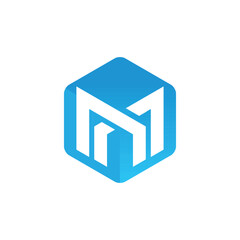 The image shows a logo design of an abstract M in white color inside a blue hexagonal cube in simple style that looks clean and modern on a white background
