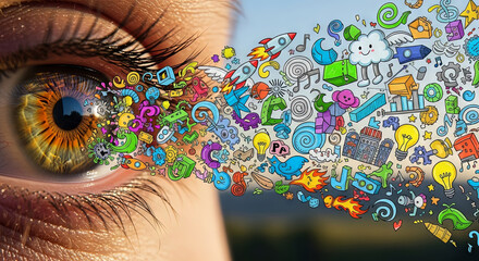 A human eye releasing a stream of colorful digital icons in a futuristic concept