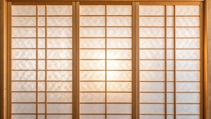 Traditional japanese shoji screen with translucent paper and wooden grids illuminated by soft light