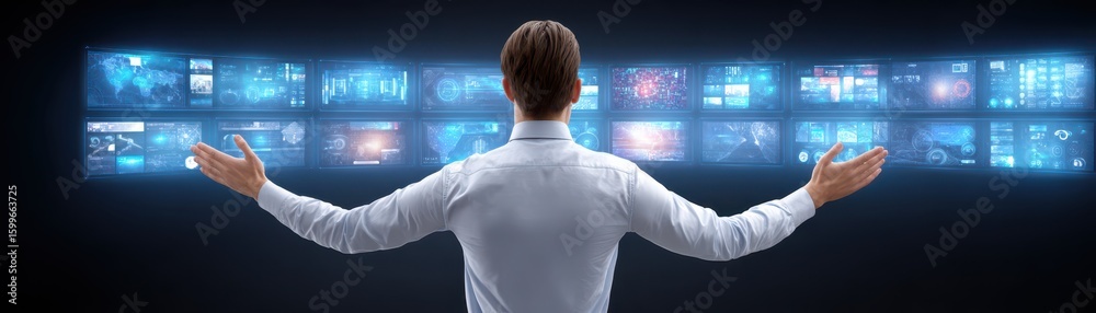Poster a man in a white shirt interacts with multiple floating digital screens displaying futuristic data a