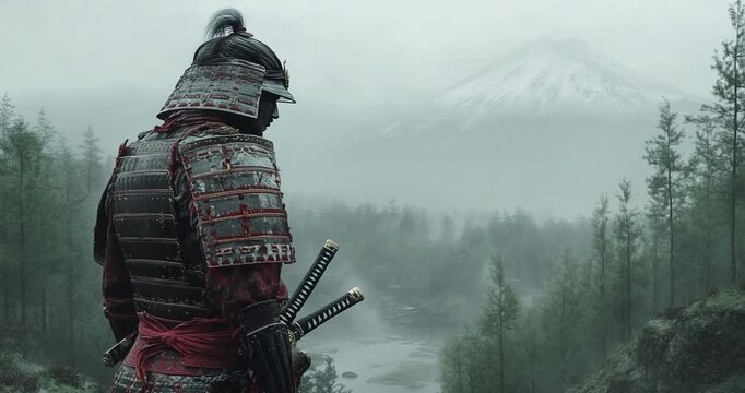 Samurai warrior overlooking misty valley and mountains