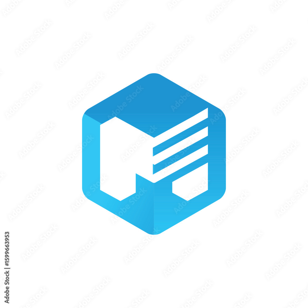 Poster The image shows a logo design of a letter M in white color inside a blue hexagonal cube in simple style that looks clean and modern on a white background