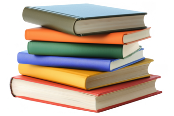 A pile of six hardcover books in various colors, stacked on top of each other, isolated on a transparent background.