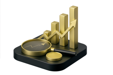 3D Financial Growth Illustration with Coin, Magnifying Glass, and Ascending Bar Chart – Transparent PNG for Investment Strategy and Market Analysis