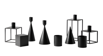 Presents Black Still Life with Geometric Shapes and Candle Holders on Transparent Background