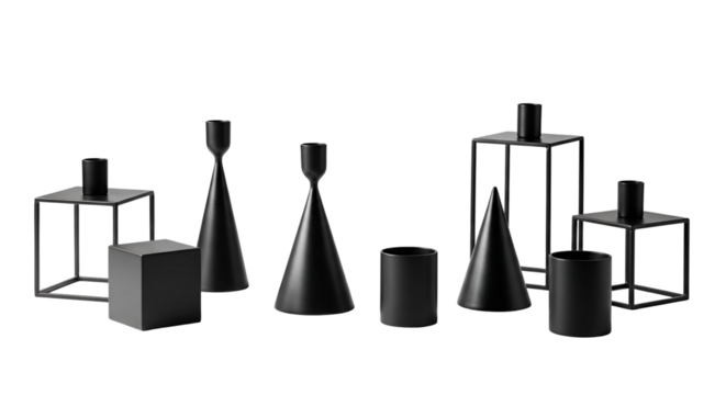 Presents Black Still Life with Geometric Shapes and Candle Holders on Transparent Background