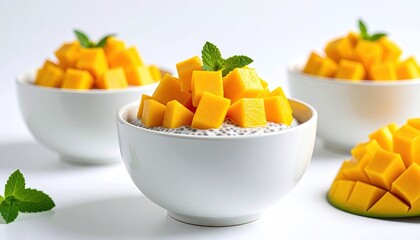 White Bowls Of Chia Seed Pudding Topped With Vibrant Yellow Mango Cubes And Fresh Mint Leaves Against A White Background