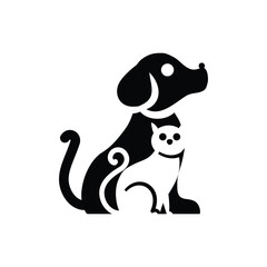 The image shows a logo design that depicts white silhouette of a cat inside a black silhouette of a dog. It looks clean in simple flat style and can be used as pet shop or pet related logo.