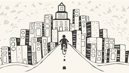 Obraz premium Person cycling on road towards city skyline with skyscrapers and buildings in monochrome drawing style silhouette