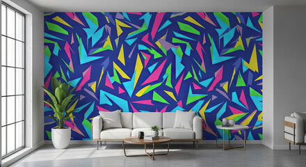 Modern living room with abstract colorful 2D wall graphics blending into realistic 3D decor