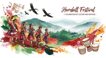 Vibrant hornbill festival celebration with traditional naga dancers drums and soaring eagles against misty mountains