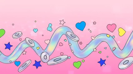 Curved iridescent ribbon with floating heart and star icons on pink background seamless looping time-lapse animation video background - Powered by Adobe