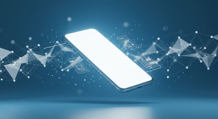 Smartphone with glowing screen and network connections on blue background