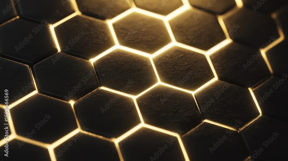 Poster close-up view of a dark honeycomb pattern with glowing lines.