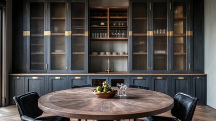 Gray cabinets with mesh doors, brass handles, and wooden dining area