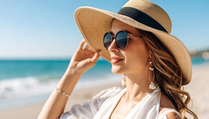 Woman Beach Hat Sunglasses Summer Sun.