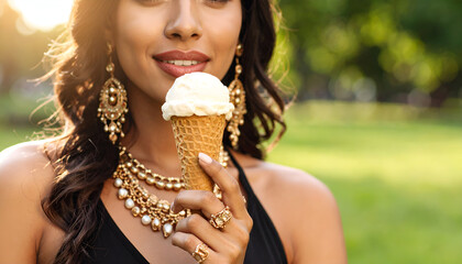 Woman enjoys ice cream in park.