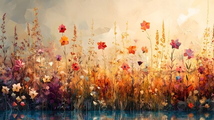 Abstract impressionistic field of wildflowers in warm golden light