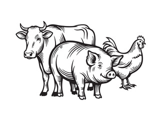  Hand-drawn vector illustration of farm animals: cow, pig, and chicken, perfect for agriculture and food designs.