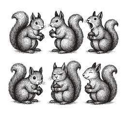 Cute black and white sketch of six squirrels holding acorns, each with different expressions and poses. © Chairul