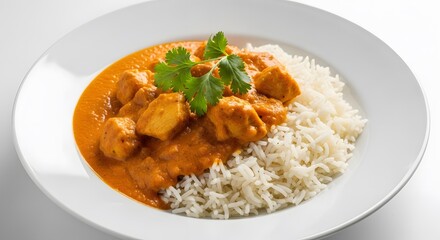 Delicious Chicken Tikka Masala with Rice and Cilantro Garnish on White Plate