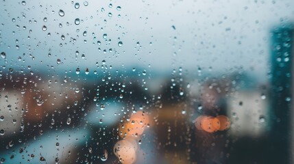 Raindrops on a windowpane, obscuring a city view.