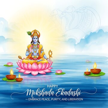 Lord vishnu seated on a lotus flower in a serene water body with floating diyas celebrating mokshada ekadashi festival