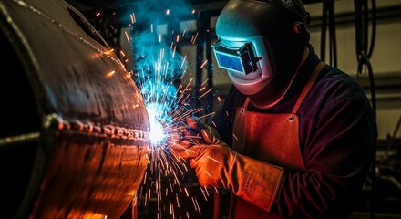 Welder in protective gear working with sparks flying from metal fabrication in a workshop