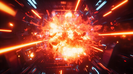 Futuristic explosion inside a spaceship corridor with laser beams and red particles