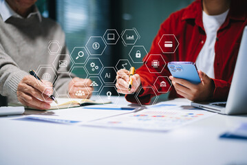 Co working process, team working.Coding software developer work with AR new design dashboard...