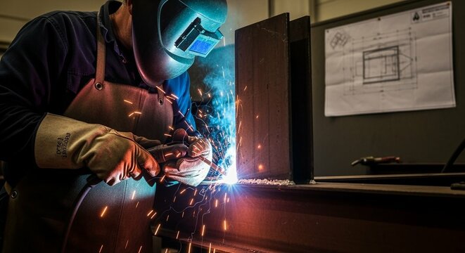 Skilled welder in protective gear fuses metal beams with bright sparks flying in a workshop setting.