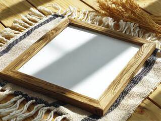 Rustic Wooden Frame: An empty, wooden frame sits on a textured fabric, inviting you to insert your own image, perfect for showcasing art or cherished memories.