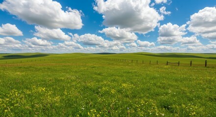 Wide Open Natural Landscape with Rolling Green Hills and Blue Sky – Peaceful Countryside Scenery with Scattered Clouds, Ideal for Nature, Travel, and Outdoor Themes, High-Resolution Photography