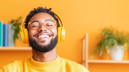 Harmony in Sound: A smiling man, eyes closed, embraces the tranquility of music. His serene expression and comfortable attire underscore the uplifting power of audio relaxation.