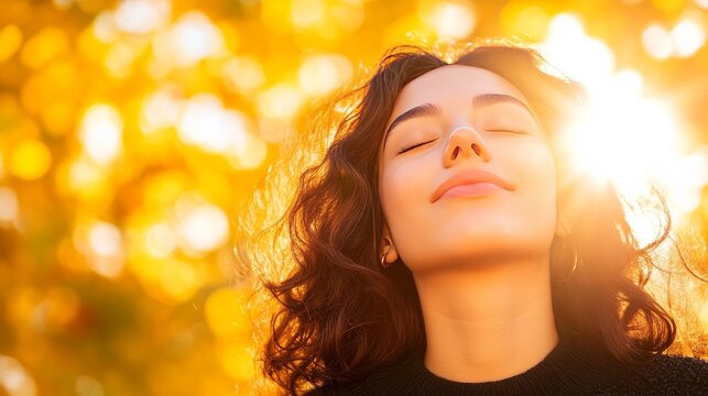 Embracing the Golden Sunlight: A serene woman basks in the warm embrace of the golden sunlight, her eyes gently closed, exuding a sense of peace and contentment amidst a blurred bokeh background.