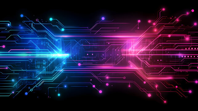 Futuristic technology circuit board background design in blue and pink tones