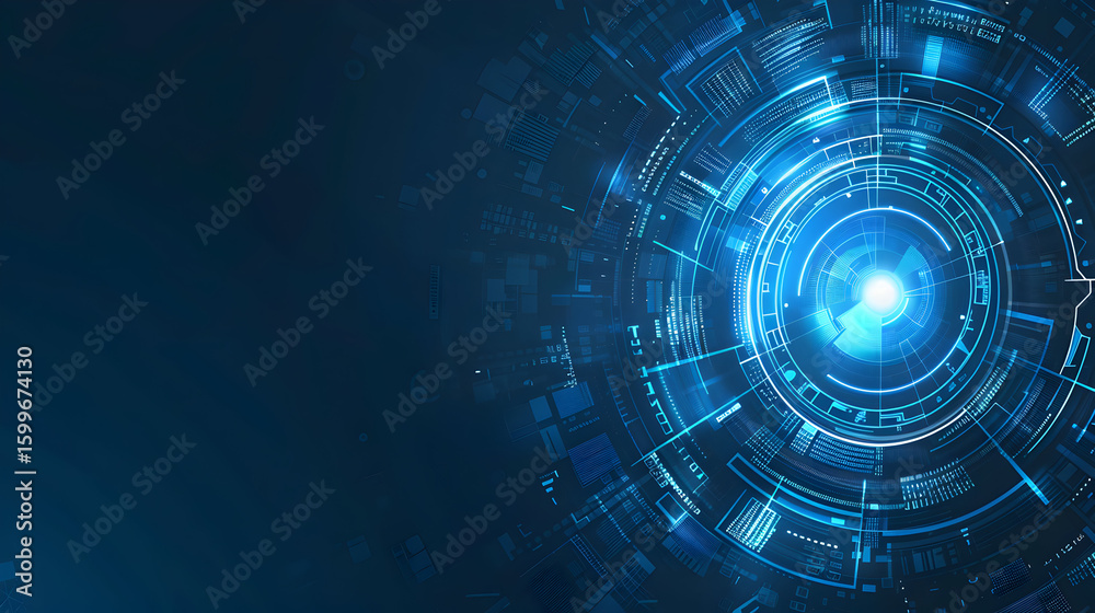 Poster futuristic technology interface with glowing core and complex data visualizations
