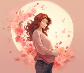 Fototapeta premium A Gentle Bloom: A serene pregnant woman, embraced by soft hues and delicate floral accents, embodies the gentle beauty of motherhood and the promise of new life.