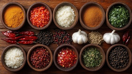 Fototapeta premium Assortment of various spices and herbs in small bowls on a rustic wooden surface